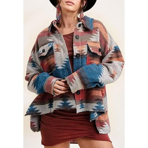 Vintage Stylish Pockets Oversized Geometric Jacket Coat Women 2021 Fashion Lapel Collar Long Sleeve Loose Outerwear Chic Tops