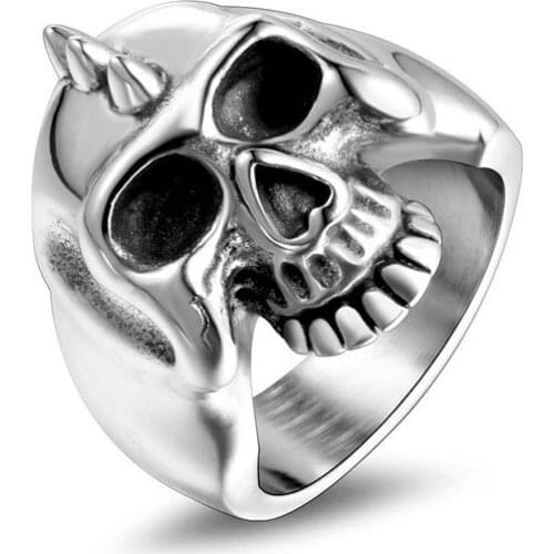 Horned Skull Head Ring Personality Punk Titanium Steel Ring For Men Rock Unique Gift Finger Ring Jewelry Ornaments US Size 7-12