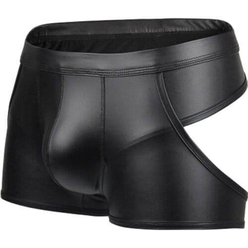 Mens Faux Leather Sexy Boxer Shorts Lingerie U Convex Pocket Club Underwear Stage Show Hollow Out Patent Leather Underwear Milk Silk Fabric Sexy Boxers Wet Look Clubwear Naked Butt Couple Appeal Costume Jockstrap
