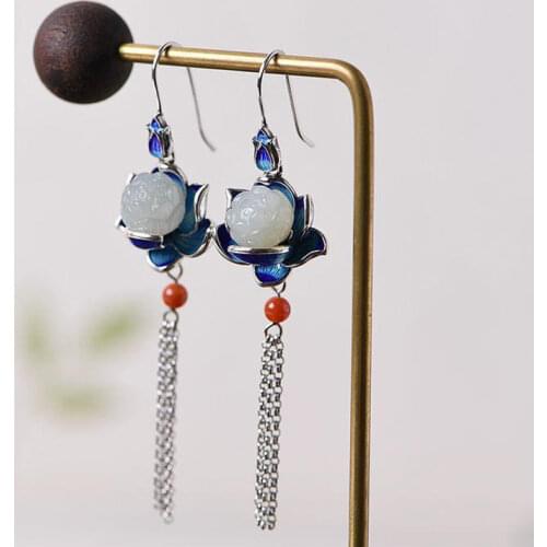 Natural Hetian White Jade Lotus Pond Enamel Porcelain Jewelry Set Retro Palace Style Tassel Luxury Charm Womens Accessories