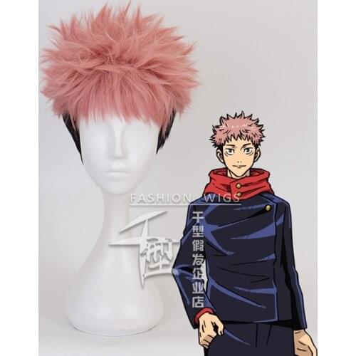 Anime Jujutsu Kaisen Itadori Yuji Short Fluffy Pink Gradient Black Cosplay Wig Synthetic Hair Hallween Christmas Party Wigs for