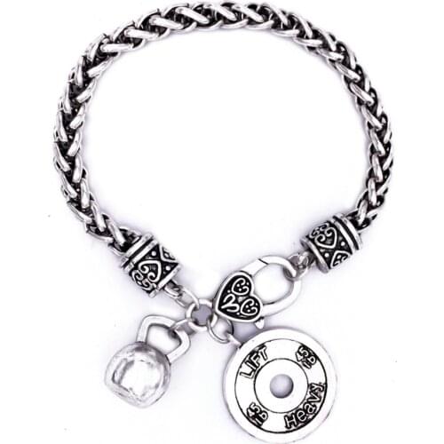 Antique Silver Plated Metal Crossfit Gym Kettle Bells Lift Heavy Weight Plate Bodybuilding Pendants Bracelet