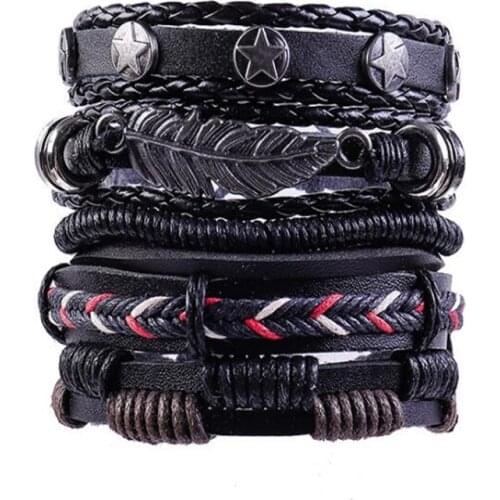 5Pcs/ Set Braided Wrap Leather Bracelets for Men Women Vintage Ethnic Leaf Tribal Wristbands Punk Charm Bracelet Jewelry