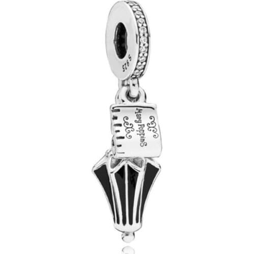 Genuine 925 Sterling Silver Charm Black Enamel Mary Poppins Umbrella Pendant Beads Fit Pan Bracelet & Necklace Diy Jewelry