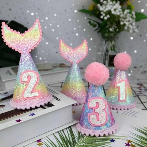 1 2 3 Year Old Birthday Party Hat Baby Shower Headband Mermaid Theme Party Kids Girl Happy Birthday Decoration