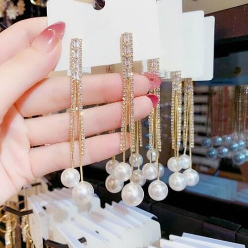 Double Pearl Shinning Rhinestone Tassel Long Drop Earrings For Women 2020 New Jewelry Wedding Party Brincos Gift