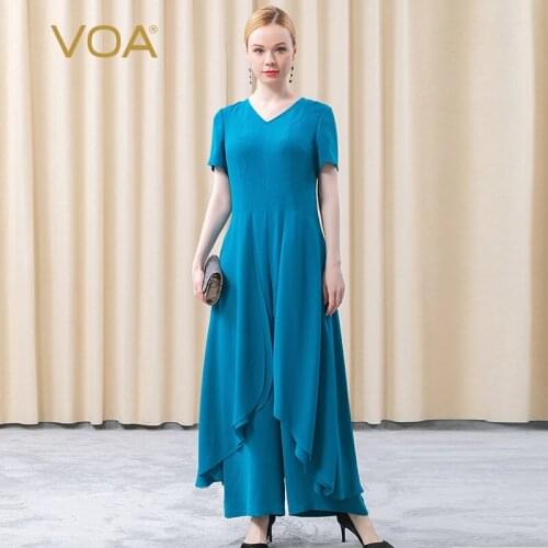 VOA Silk Heavy 30m/m Indigo Blue V-neck Short Sleeve Loose Waist Big Loose Leaf Splicing Personality Jumpsuit KE280