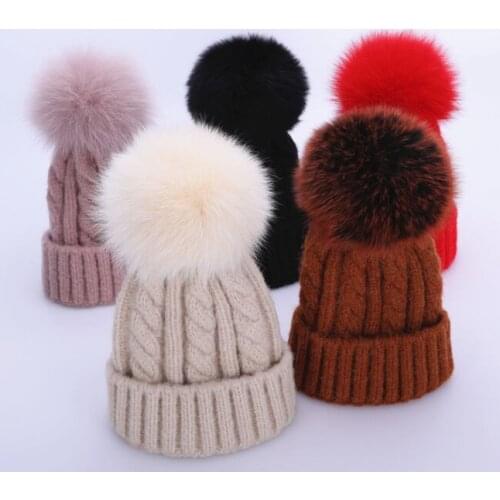 Boy Girl Cable Pattern Real Fox Fur Pom pom Knitted Beanies Cap Winter Child Women Thick Wool Warm Skullies Hat Gorros