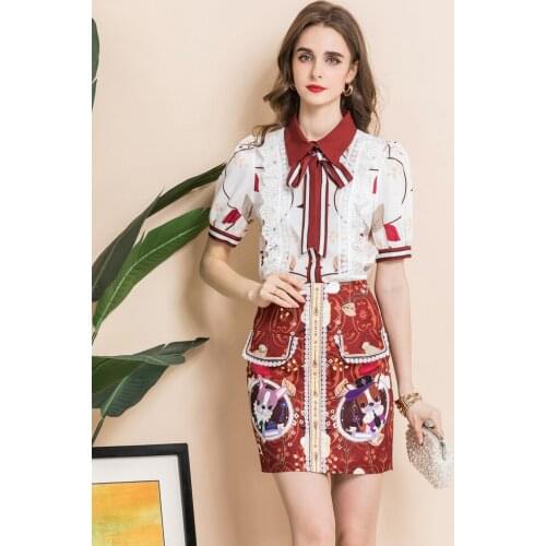 High quality White lapel floral print shirt red lace skirt fashion suit 2021 summer new style ladies tie bow suit skirt