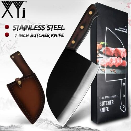 XYj New Type Stainless Steel Wooden Handle Butcher Knife Kitchen Chef Cooking Slaughtering Chopping Tool Outdoor BBQ Accessory