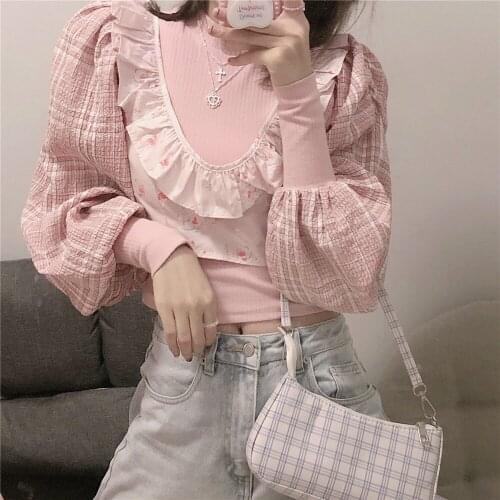 Spring Sweet Women Chic Two Pieces Floral Print Blouse Crop Tops Girls Harajuku Plaid Splicing Puff Sleeve Shirts Spring Blusas