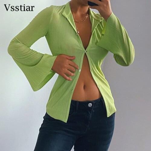 Vsstiar New Flare Sleeve Sexy Blouse Shirt Green Button Up Casual Top Black Full Sleeve V Neck Fashion Women Streetwear Clothes