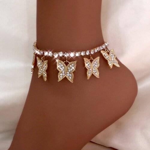 Flatfoosie Boho Bling Butterfly Crystal Anklets For Women Fashion Animal Rhinestone Ankle Bracelet Beach Barefoot Chain Jewelry