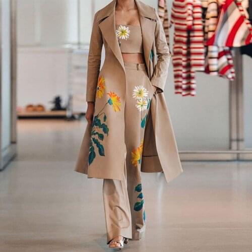 3Pcs Women Trench Coat & Tank & Wide Leg Pants Suits Elegant Print Long Sleeve Cardigan Strapless Top Trousers Sets Femme Outfit