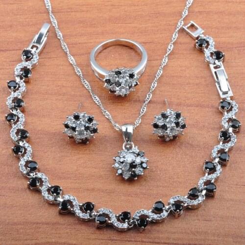 Fashion Silver Color Jewelry Set Black Zirconia For Women Best Gift Earrings Necklace Pendant Rings Bracelet Set JS0226