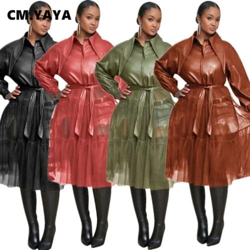CM.YAYA Women Faux Leathe Mesh Patchwork Long Sleeve PU Coat Jacket Streetwear Long Sleeve Dress