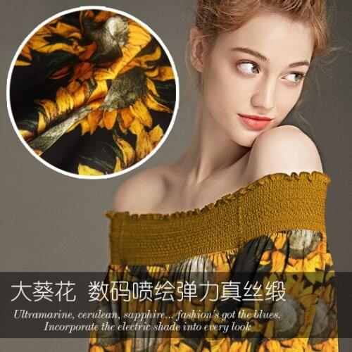 Big sunflower digital inkjet silk stretch satin fabric wrinkle good breathable dress silk fabric satin wholesale silk cloth