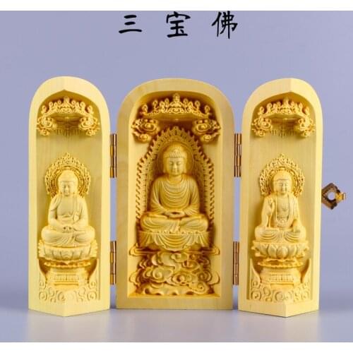 Buddhism sacred holy # home TOP efficacious Talisman Protection Shakya Mani Sambo Buddha Sculpture Wood carving ART statue