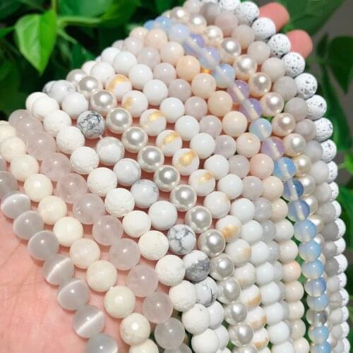 Natural White Stone Beads Howlite Crystal Pearl Jades Moon Round Loose Waist Beads for Jewelry Making DIY Handmade Bracelet 15