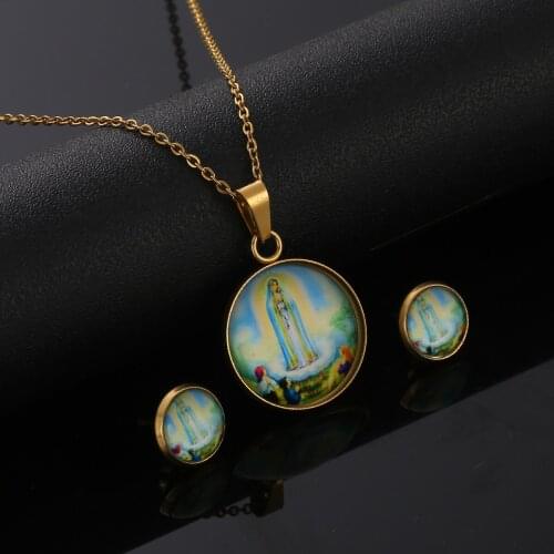 Virgin Mary Pendant Necklace Earrings Women Fashion Wedding Jewelry Set