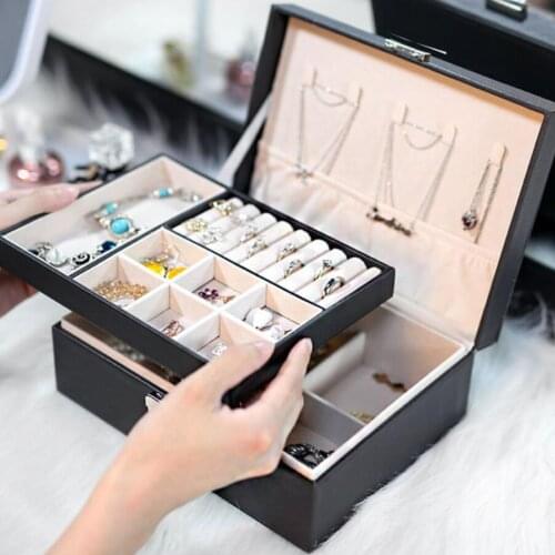 New Double-Layer Leather Jewellery Box Ear Stud Earrings Ornament Storage Box Multi-Function Large Jewelry Box