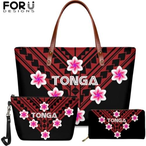 FORUDESIGNS Tonga Polynesian Tattoo Hawaii Hibiscus Printed Brand Design 3set Big Shoulder Bag Luxury Long PU Leather Purse