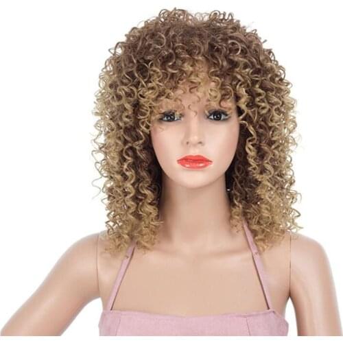 Hywamply 18” Afro Kinky Curly Brown Blonde Ombre Fashion Wigs Synthetic Hair Wigs with Bangs for Women