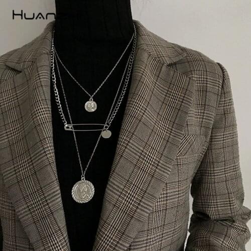 HUANZHI Coin Portrait Paper Clip Pendant Design Punk Chic Gold Color Metal Long Chain Necklaces For Women Men Jewelry
