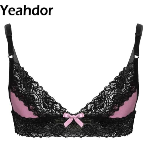 Mens Erotic Sissy Lingerie Bras Adjustable Spaghetti Shoulder Straps Floral Lace Trim Wire-free Unlined Bra Tops for Gay Party