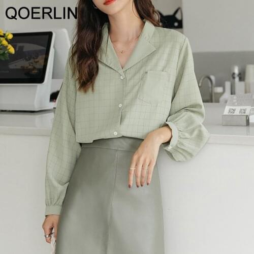 QOERLIN New Arrival Women Plaid Oversize Blouse Lantern Sleeve Notched Collar Shirt Button Up Elegant Office Lady Top Plus Size