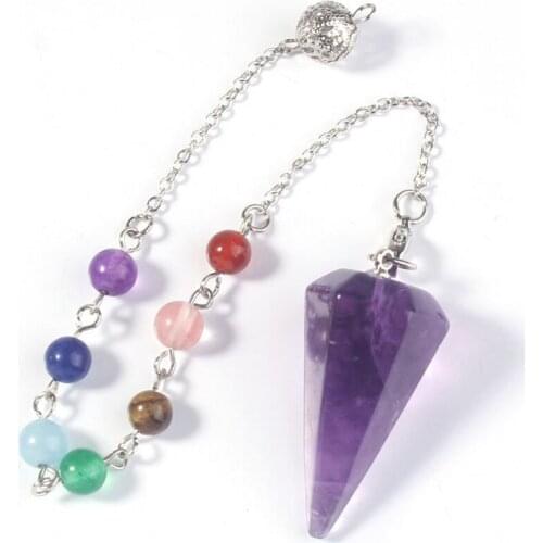 Trendy-beads Popular Silver Plated Hexagon Pyramid Pendulum Chakra Natural Purple Amethysts Pendant Fashion Jewelry