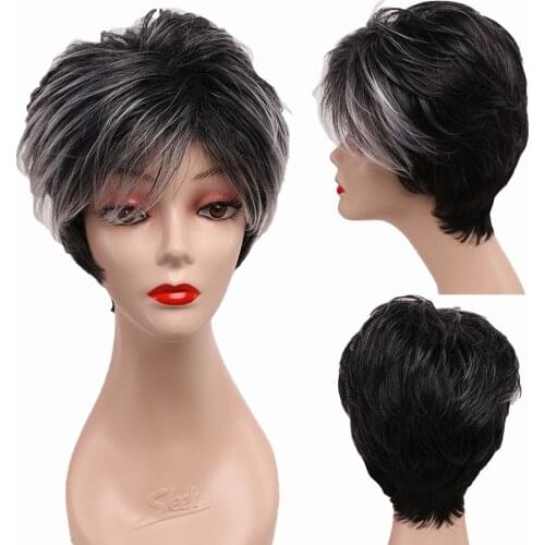 Gray Black Wig Short Straight Synthetic Hair Wigs For Women Short Natural Wavy Naturally Gray Mix Black Pixie Cut Hair Cosplay