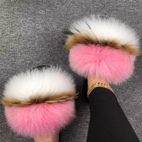 Summer Women Slides Ladies Soft Fox Fur Slippers Furry Sandals Female Indoor Flip Flops Girls Fluffy Home Plush Shoes Wholesale