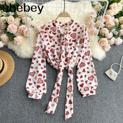 Women Korean Love Print Blouse Sweet Bow Collar Single Breasted Loose Tops Spring Fashion Casual Streetwear Blouses