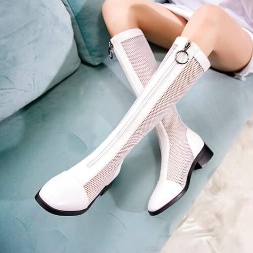 Fashion Summer knee high mesh womens boots Zipper Sexy Lace Mesh Boots Summer Cool Boots Breathable Womens Shoes