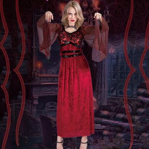 Vintage Halloween Costumes For Women Vampire Cosplay Phantom Bride Red Lace Dress Middle Age Ancient Clothing Performance