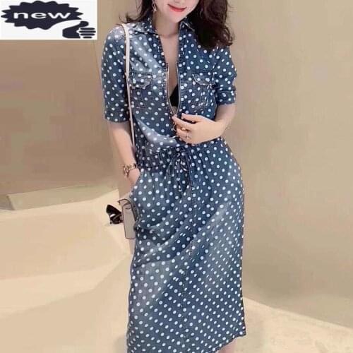 Women Summer Short Sleeve Mid Calf Long Denim Dress Casual Vintage Polka Dots Zipper Sexy Collar Lace Up Slim Fit Jeans Dresses