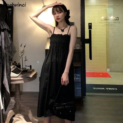 Sleeveless Dresses Women Black Backless Mid-calf Solid Elegant High Waist Stylish Daily Summer Spaghetti-strap Student Vestidos
