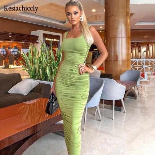 Kesiachiccly Spaghetti Strap Pleated Sexy Bodycon Dress Sleeveless Summer Women Dress Backless Square Collar Club Party Dress