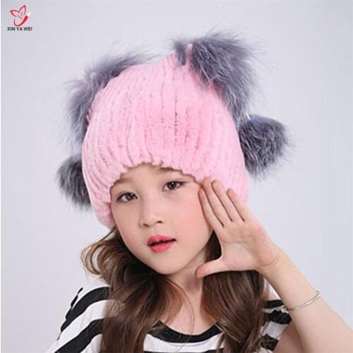 Winter Real Rabbit Fur Kid Knit Fur Hat 2018 Children Fashion Warm Fur Girls Boys Pompom Hats Russia Fur Cap New Listing