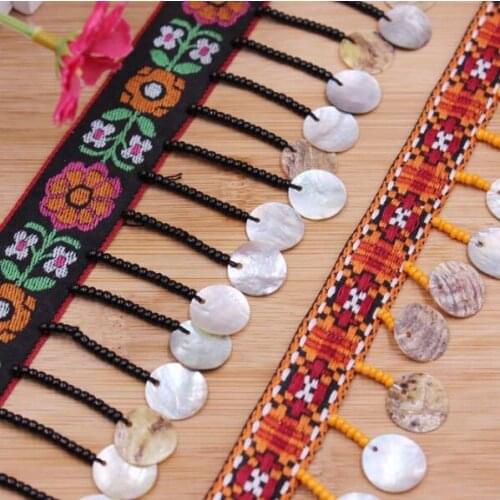 20Yards Ethnic Jacquard Tassel Beads Lace Fringe Trimming Webbing Ribbons National Wind Handmade Shell Beaded Lace DIY Clothing
