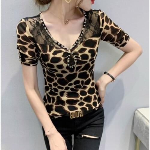 #6096 Summer 2021 Skinny Leopard T Shirt Women V Neck Sexy Short T Shirt Female Short Sleeved Tight Tee Shirt Vogue Spliced Lace