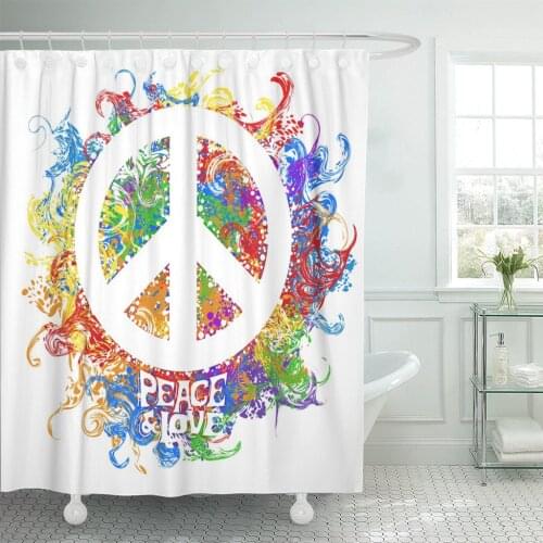 Abstract Hippie Symbol Over Colorful Idea Peace Freedom Love Shower Curtain Waterproof Fabric 60 x 72 Inches Set with Hooks