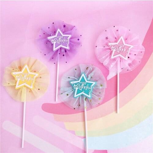 Acrylic Happy Birthday Cake Topper Stars Fairy Mesh Cupcake Topper For Kids Girls Birthday Party Cake Decorations Baby Shower