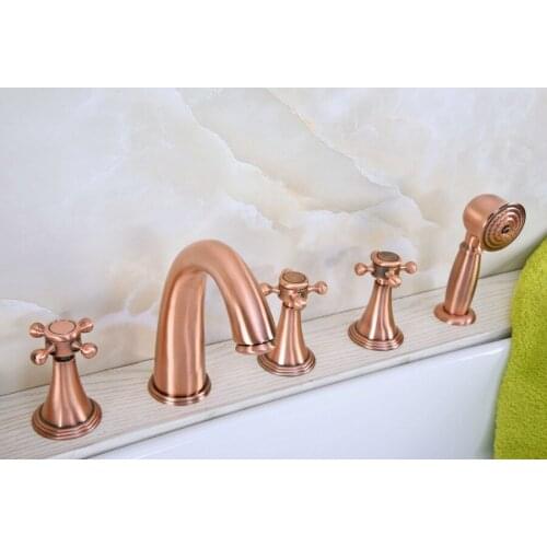 Antique Red Copper Brass Widespread Three Handles Deck Mounted 5 Holes Bathroom Tub Faucet Mixer Tap With Handshower mtf205