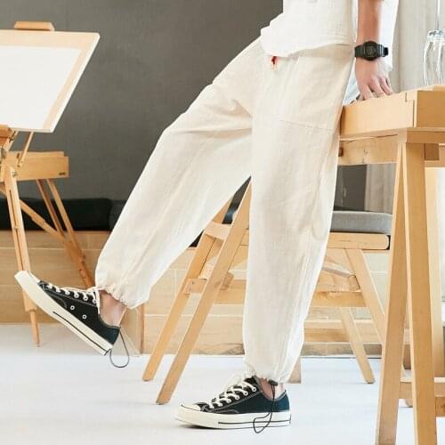 Mens Cotton Linen Harem Pants Casual Slim Elastic Waist Trousers Sweatpants Fashion Solid Black beige Streetwear Plus Size 5XL