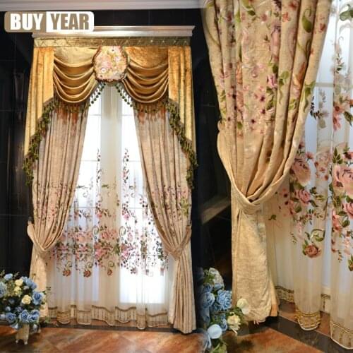 European and American luxury high quality elegant beige chenille embroidered blackout curtains for living room windows bedroom