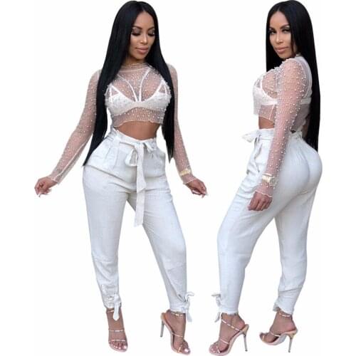 BKLD Summer Fashion 2018 Tops Sexy Women Tshirt Transparent Mesh Top Long Sleeve Sheer See Through Pearl Beading Tee Shirt Femme