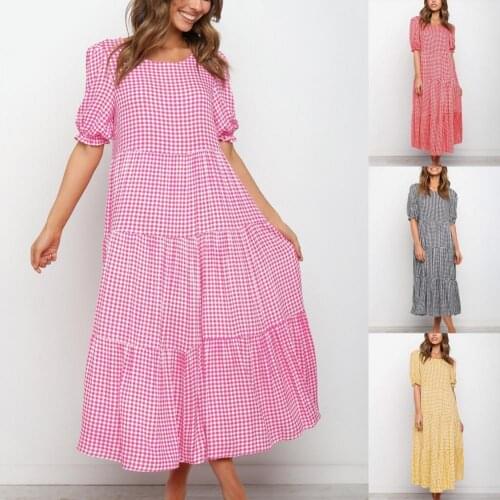Summer Women Dress Puff Sleeve Pockets Female Ruffle Wide Hem Dress for Hiking Pastoral style Loose Hem Female Round Neck Dress