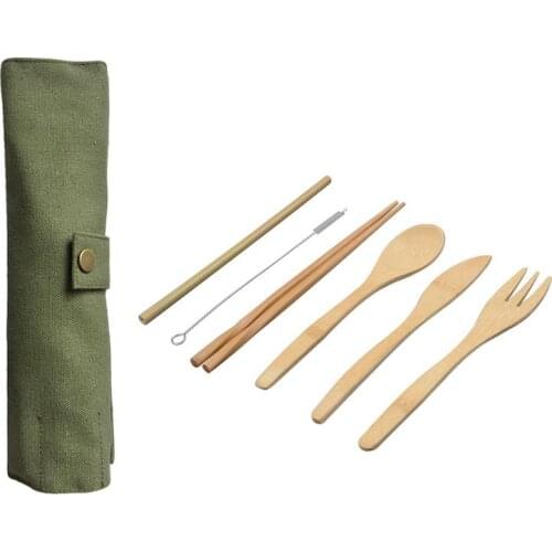6 Set Meal Set Japanese Wooden Cutlery Spoon Fork Chopsticks Straw Cutlery Set Cloth Bag Kitchen Cooking Tools Table Decoration